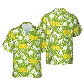 Seamless Hawaiian Dandelion & Bee Pattern | Yellow Blooms, White Seed Heads, Olive Leaves Short-sleeve Hawaiian Shirt