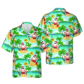 Santa Claus Tropical Beach Surf & Sandcastle Ocean Landscape Short-sleeve Hawaiian Shirt