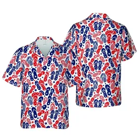 Patriotic Hawaiian Flip Flop Thong Sandal Stars Stripes Dots Seamless Fabric Design Short-sleeve Hawaiian Shirt
