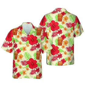 Hawaiian Tiki Masks Cocktail Mugs Red Hibiscus Light Green Botanical Leaves Short-sleeve Hawaiian Shirt