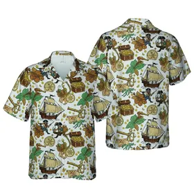 Hawaiian Pirate Ship Swashbuckler Gold Coin Treasure Map Compass Design Tile Short-sleeve Hawaiian Shirt