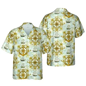 Intricate Golden Anchor Compass Rose Multi-Masted Ship Palm Tree Island Map Short-sleeve Hawaiian Shirt