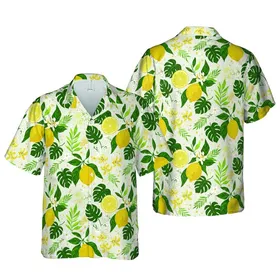 Hawaiian Ripe Lemons & Slices, Botanical Green Leaves, Yellow & White Flowers, Cream Linen Short-sleeve Hawaiian Shirt