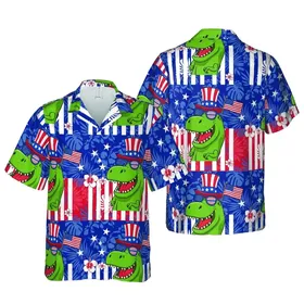 Patriotic T-Rex Uncle Sam Hat American Flag Hawaiian Stars Stripes Pattern Short-sleeve Hawaiian Shirt