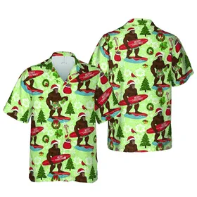 Bigfoot Surfer Santa Hat Design: 'Merry Christmas' Surfboard, Wreaths, Snowflakes Short-sleeve Hawaiian Shirt