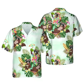 Raccoon Vacationers Tropical Hawaiian Pattern, Monstera Leaves & Palm Fronds Design Short-sleeve Hawaiian Shirt