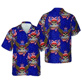Patriotic Pirate Skulls American Flags Bald Eagles Star Crowns Gold Hoops Art Pattern Short-sleeve Hawaiian Shirt