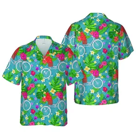 Colorful Hawaiian Bicycles: Teal, Coral Hibiscus, Plumeria, Monstera Leaf Pattern Short-sleeve Hawaiian Shirt