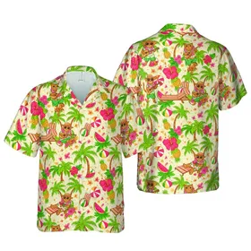 Hawaiian Feline Luau: Ukulele Cats, Straw Hats, Palm Trees, Hibiscus Pattern Short-sleeve Hawaiian Shirt