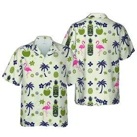 Hawaiian Tiki Mask Flamingo Pineapple Pattern: Botanical Linen Textile Design Short-sleeve Hawaiian Shirt