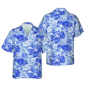 Equestrian Toile Design: Cobalt Blue Hawaiian Horse & Camel Pastoral River Landscape Short-sleeve Hawaiian Shirt
