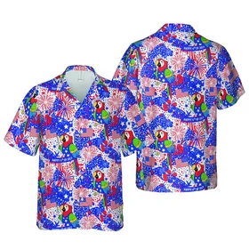 4th of July Macaw Parrot Hawaiian Pattern American Flags Firework Stars Short-sleeve Hawaiian Shirt