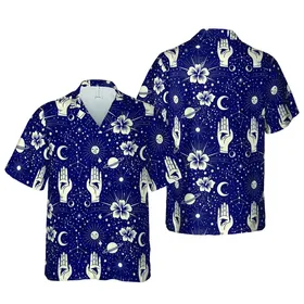 Celestial Hand Gestures Pattern: Hawaiian Moons Stars Orbits, Dark Navy Beige White Short-sleeve Hawaiian Shirt