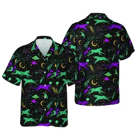 Running Cheetah Leopard Swallow UFO Tropical Celestial Black Teal Purple Fuchsia Golden Short-sleeve Hawaiian Shirt