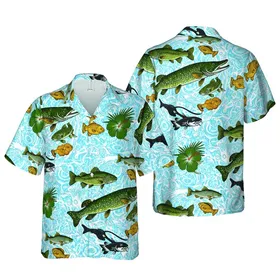Angler's Hawaiian Fish Pattern Pike Trout Bass Catfish Water Ripple Textile Design Short-sleeve Hawaiian Shirt