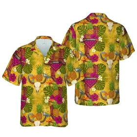 Cowboy Western Aloha Pattern: Boots, Hats, Pineapples, Tropical Flora, Golden Yellow Short-sleeve Hawaiian Shirt