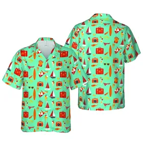 Hawaiian Pattern Vintage Camera Suitcase Umbrella Sailboat Cocktail Surfboard Sunglasses Fabric Print Short-sleeve Hawaiian Shirt