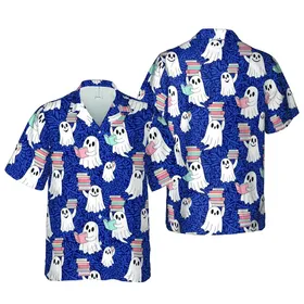 Scholarly Reading Ghosts: Hawaiian Pastel Books, Navy Texture, High Contrast Short-sleeve Hawaiian Shirt