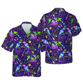 Carnival Festival Parrot Mask Guitar Palm Confetti Fireworks Neon Textile Graphic Short-sleeve Hawaiian Shirt