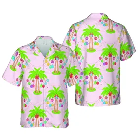 Cartoon Palm Tree Christmas Ornaments Hawaiian Tropical Leaf Pattern Pastel Pink Fabric Texture Short-sleeve Hawaiian Shirt