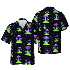 Mushroom Lover's Iridescent Starscape Botanical Pattern Black Magenta Cyan Lavender Lime Green Short-sleeve Hawaiian Shirt