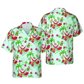 Santa Surfing Hawaiian Christmas Tiki Mask Guitar Tropical Red Surfboard Blue Waves Design Short-sleeve Hawaiian Shirt