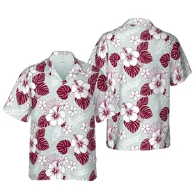 White Hibiscus Cranberry Palm Plumeria Anthurium Botanical Heathered Grey Pattern Short-sleeve Hawaiian Shirt