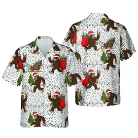 Bigfoot Hawaiian Christmas Sleigh Pattern, Santa Hat Trees Lights Candy Canes Sprinkles Short-sleeve Hawaiian Shirt