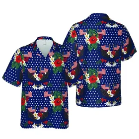 American Patriot Hawaiian Bald Eagle Flight Flag Star Motif Navy Red White Short-sleeve Hawaiian Shirt