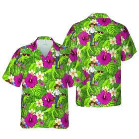 Cowboy T-Rex Dinosaur Ride, Hawaiian Hibiscus Plumeria Tropical Foliage Americana Design Short-sleeve Hawaiian Shirt