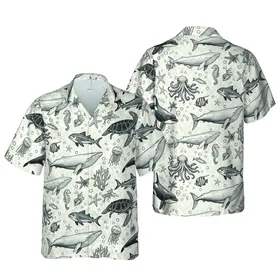 Hawaiian Marine Life: Orca, Dolphin, Turtle, Whale, Hammerhead, Coral, Seashells Black White Cream Short-sleeve Hawaiian Shirt