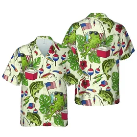 Frog with Sunglasses, American Flag, Fishing Lures & Bass Fish Tropical Hawaiian Pattern Short-sleeve Hawaiian Shirt