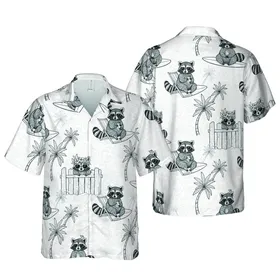 Black White Line Art Raccoons Surf Beach Chair Lei Crown Island Motif Short-sleeve Hawaiian Shirt