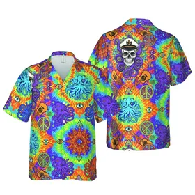 Octopus Skull Hawaiian Pattern: Psychedelic Guitars Tie-Dye Anchor Eye Design Short-sleeve Hawaiian Shirt