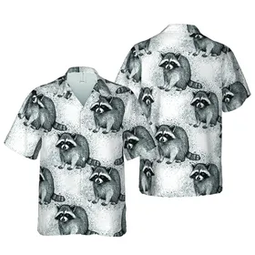 Masked Raccoon Hawaiian Black White Gray Splatter Seamless Fabric Pattern Short-sleeve Hawaiian Shirt