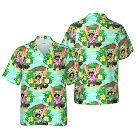 Raccoon Vacationers Hawaiian Beach Island Palm Tree Hibiscus Floral Fabric Art Print Short-sleeve Hawaiian Shirt