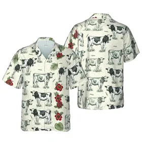 Hawaiian Bovine Sublimation: Realistic Cow Calf Sketch with Bells & Wheat Stalks Short-sleeve Hawaiian Shirt