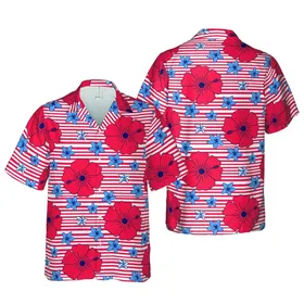Hawaiian Tropical Red Multi-Petal Flower Blue Flower White Star Stripe Sublimation Design Short-sleeve Hawaiian Shirt