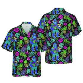 Sasquatch Neon Tiki Hawaiian Pattern Sunglasses Cocktail Black Tropical Design Short-sleeve Hawaiian Shirt