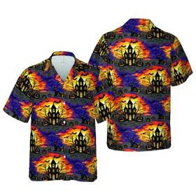 Halloween Spooky Hawaiian Haunted Houses Black Cats Jack-o'-Lanterns Bats Fabric Print Short-sleeve Hawaiian Shirt