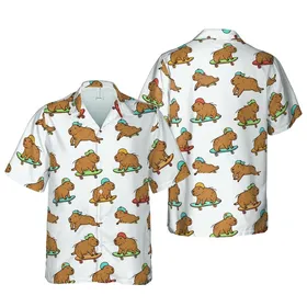 Capybara Skateboard Pattern: Blue Helmets, Brown Fur, Red Deck, Off-White Fabric Style Short-sleeve Hawaiian Shirt