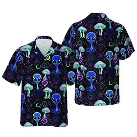 Alien Heads Psychedelic Mushrooms Alchemical Celestial Deep Black Pink Purple Teal Design Short-sleeve Hawaiian Shirt