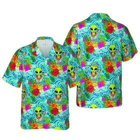 Lime Green Alien Surfers Hawaiian Wave Hibiscus Botanical Sublimation Design Short-sleeve Hawaiian Shirt