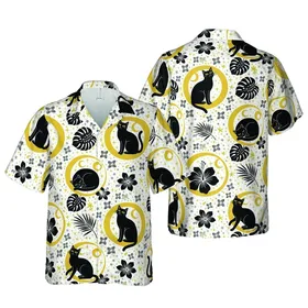 Black Cat Lover Hawaiian Pattern: Cat Silhouettes, Golden Moons & Starfield Mosaic Short-sleeve Hawaiian Shirt