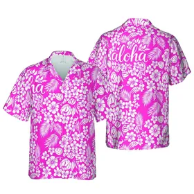 Aloha Flowing White Script Hot Pink Solid Background High Contrast Hawaiian Botanical Pattern Short-sleeve Hawaiian Shirt