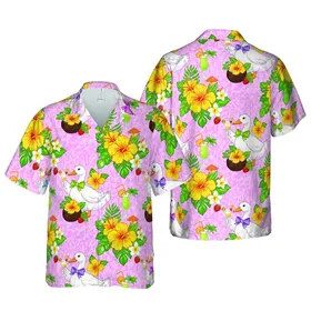 White Ducks Colorful Bows, Cocktail Drinks, Plumeria Pineapples Pink Seamless Pattern Short-sleeve Hawaiian Shirt