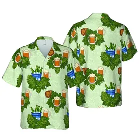 Beer Enthusiast Golden Amber Hop Cone Tropical Mug Bottle Barrel Fabric Print Short-sleeve Hawaiian Shirt