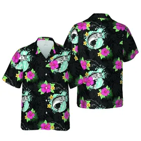 Angler's Hawaiian Bass Fish Jumps, Pink Hibiscus, Teal Palm Frond Scene Short-sleeve Hawaiian Shirt