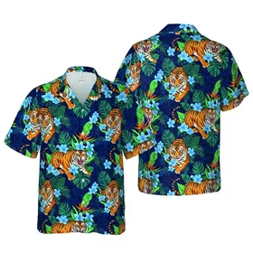 Orange & Black Roaring Tiger Hawaiian: Blue Plumeria, Bird-of-Paradise, Navy Blue Short-sleeve Hawaiian Shirt