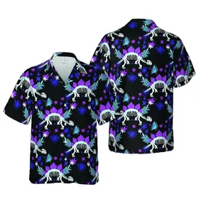 Cartoon Fossil Stegosaurus Skeletons Leaves Abstract Floral Textile Print Black Lavender Violet Short-sleeve Hawaiian Shirt